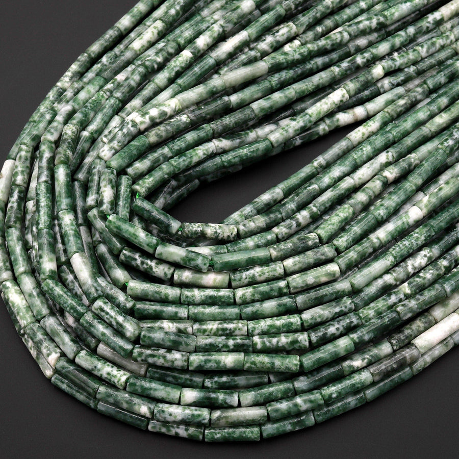 Natural Green Tree Agate Thin Long Tube Beads 15.5" Strand