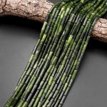 Natural Russian Green Serpentine Jade Thin Long Tube Beads 15.5" Strand
