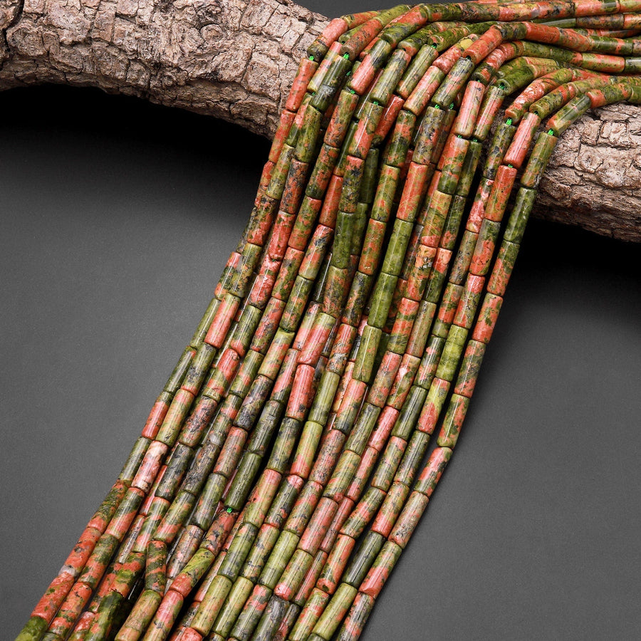 Natural Unakite Thin Long Tube Beads 15.5" Strand