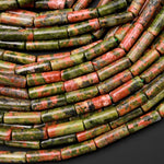 Natural Unakite Thin Long Tube Beads 15.5" Strand