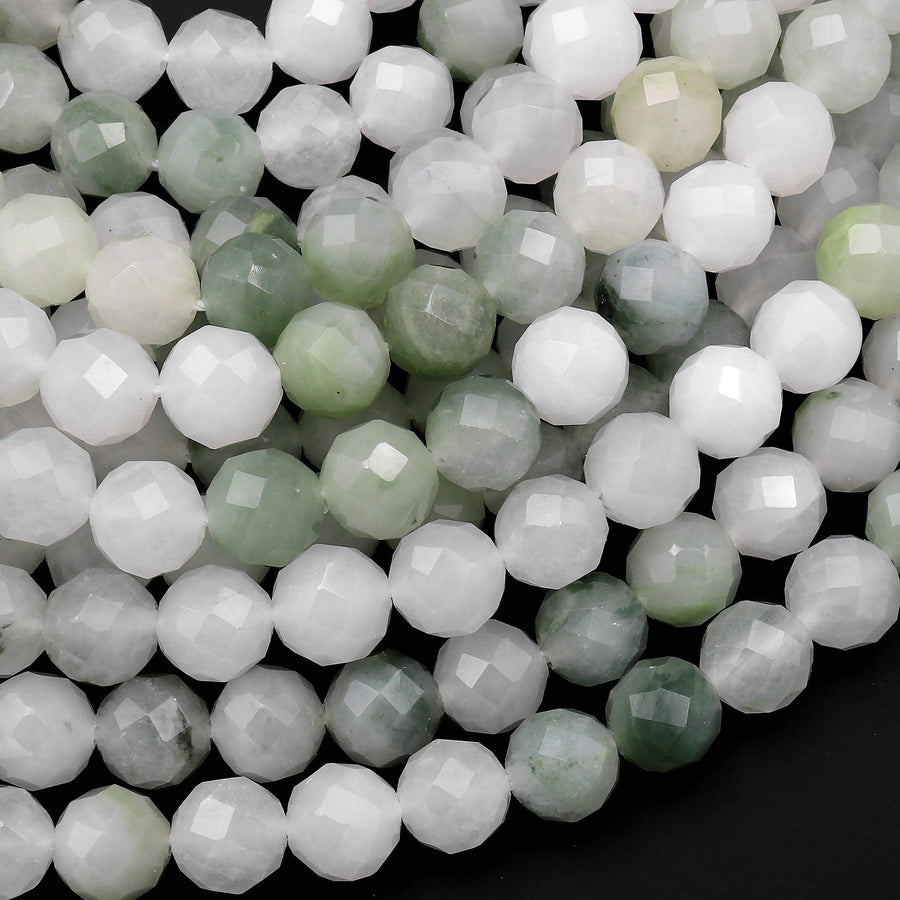 Faceted Natural Ice Mountain Jade 6mm 8mm Round Beads Real Genuine Natural Green Jade 15.5" Strand