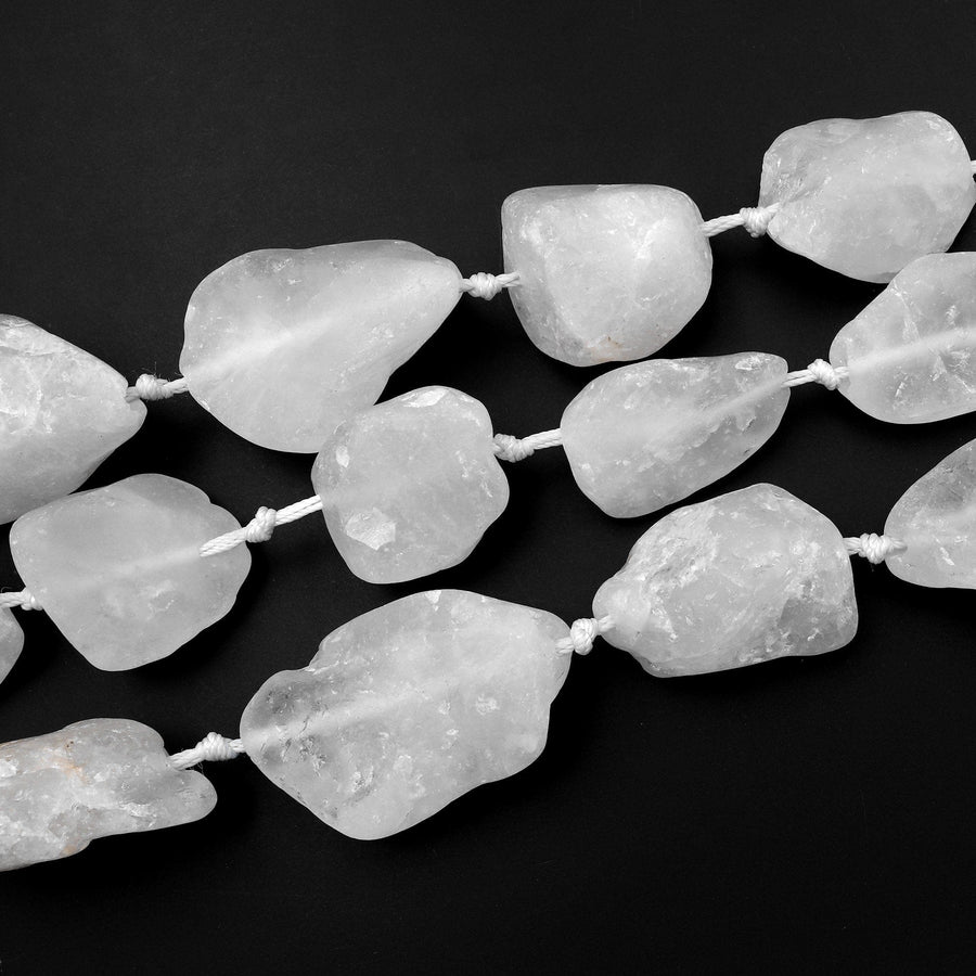 Large Matte Raw Rock Crystal Quartz Beads Smooth Nuggets 15.5" Strand