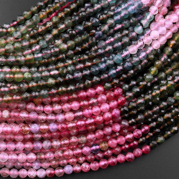 AAA Natural Watermelon Tourmaline Micro Faceted 3mm 4mm Round Multicolor Pink Green Blue Gemstone Beads 15.5" Strand