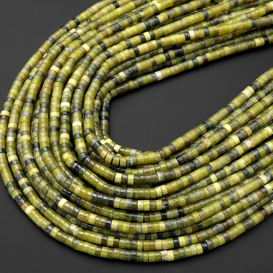Natural Olive Green Jade 4mm Heishi Rondelle Beads 15.5" Strand