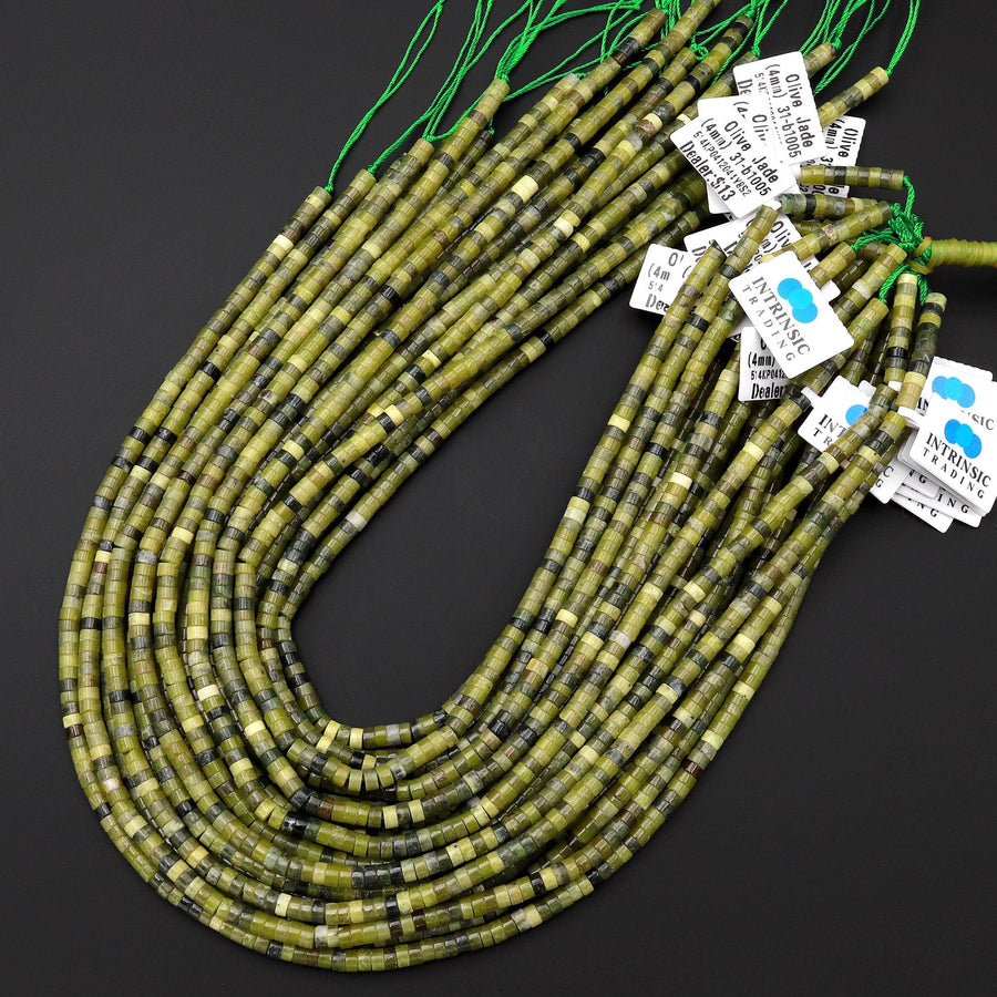 Natural Olive Green Jade 4mm Heishi Rondelle Beads 15.5" Strand