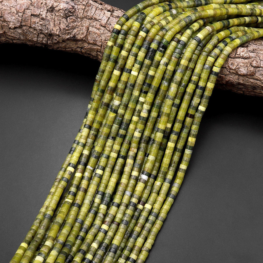 Natural Olive Green Jade 4mm Heishi Rondelle Beads 15.5" Strand
