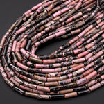 Natural Rhodonite Thin Long Tube Beads 14mm 15.5" Strand