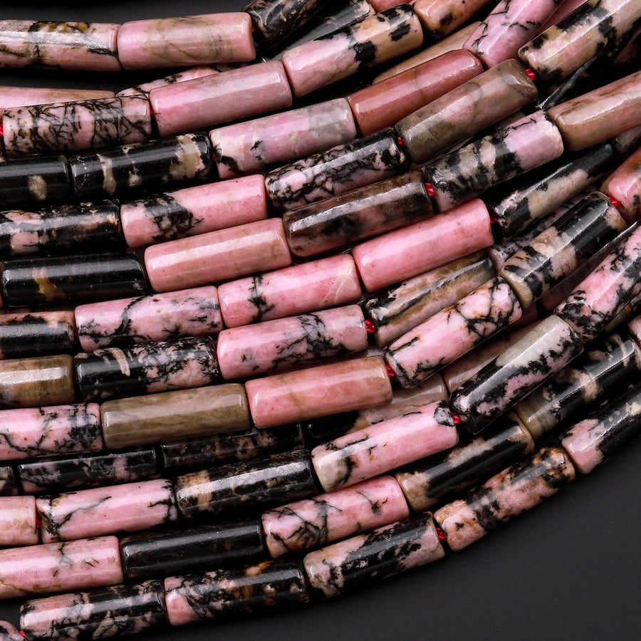 Natural Rhodonite Thin Long Tube Beads 14mm 15.5" Strand