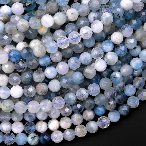 Micro Faceted Natural Blue Aquamarine 4mm 6mm 7mm Round Beads 15.5" Strand