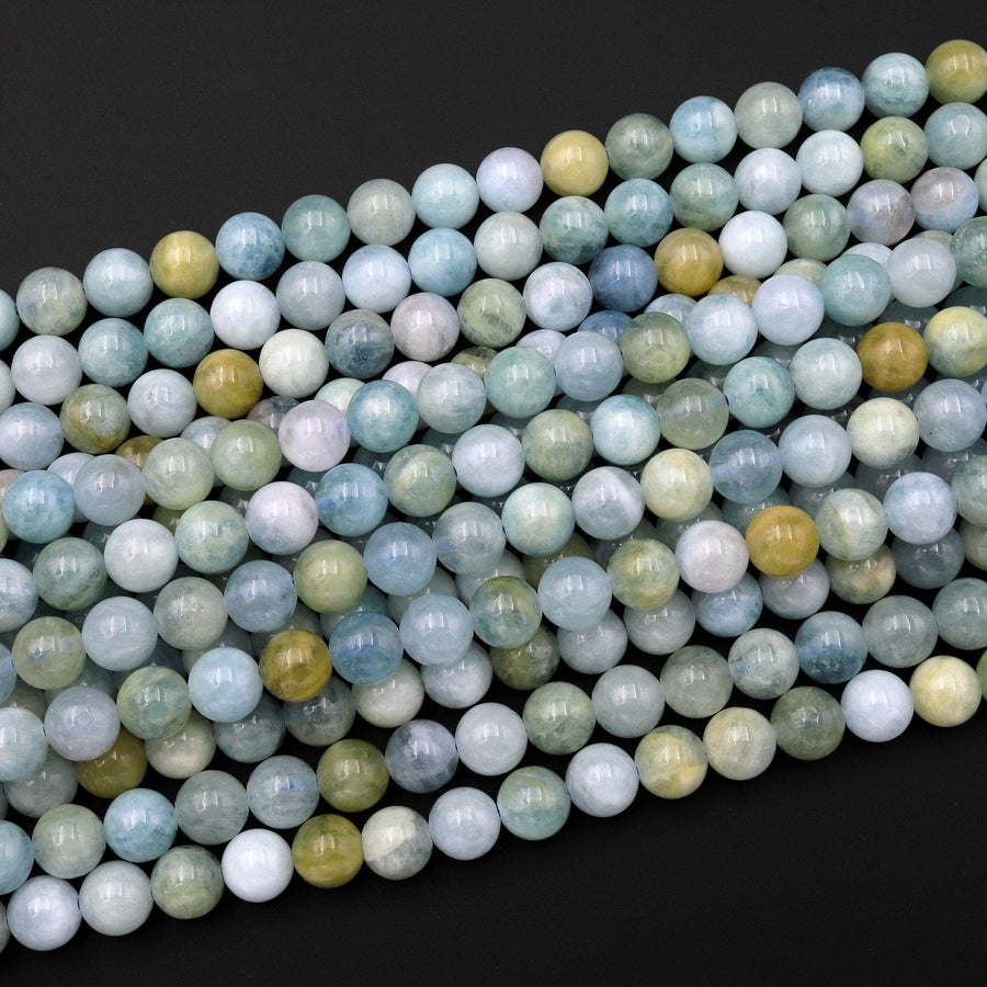 Natural Multicolor Blue Green Canary Yellow Aquamarine 6mm 8mm Smooth Round Beads 15.5" Strand