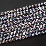 Tibetan Agate 6mm 8mm 10mm Round Beads Iridescent Aura Rainbow Metallic Electroplated Novelty Designs 15.5" Strand
