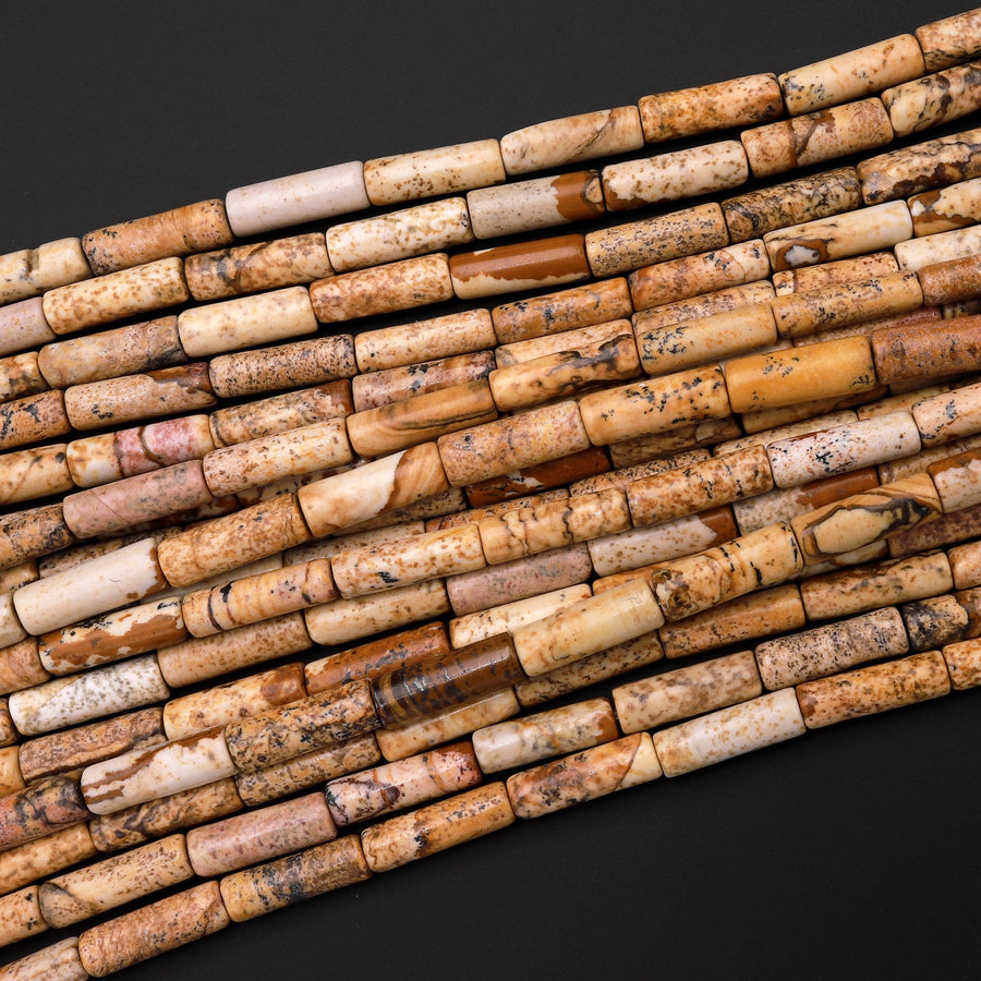 Natural Desert Picture Jasper Thin Long Tube Beads 15.5" Strand