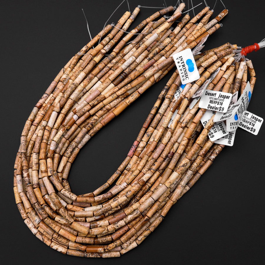 Natural Desert Picture Jasper Thin Long Tube Beads 15.5" Strand