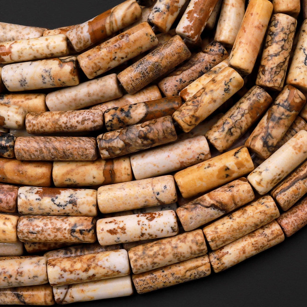 Natural Desert Picture Jasper Thin Long Tube Beads 15.5" Strand