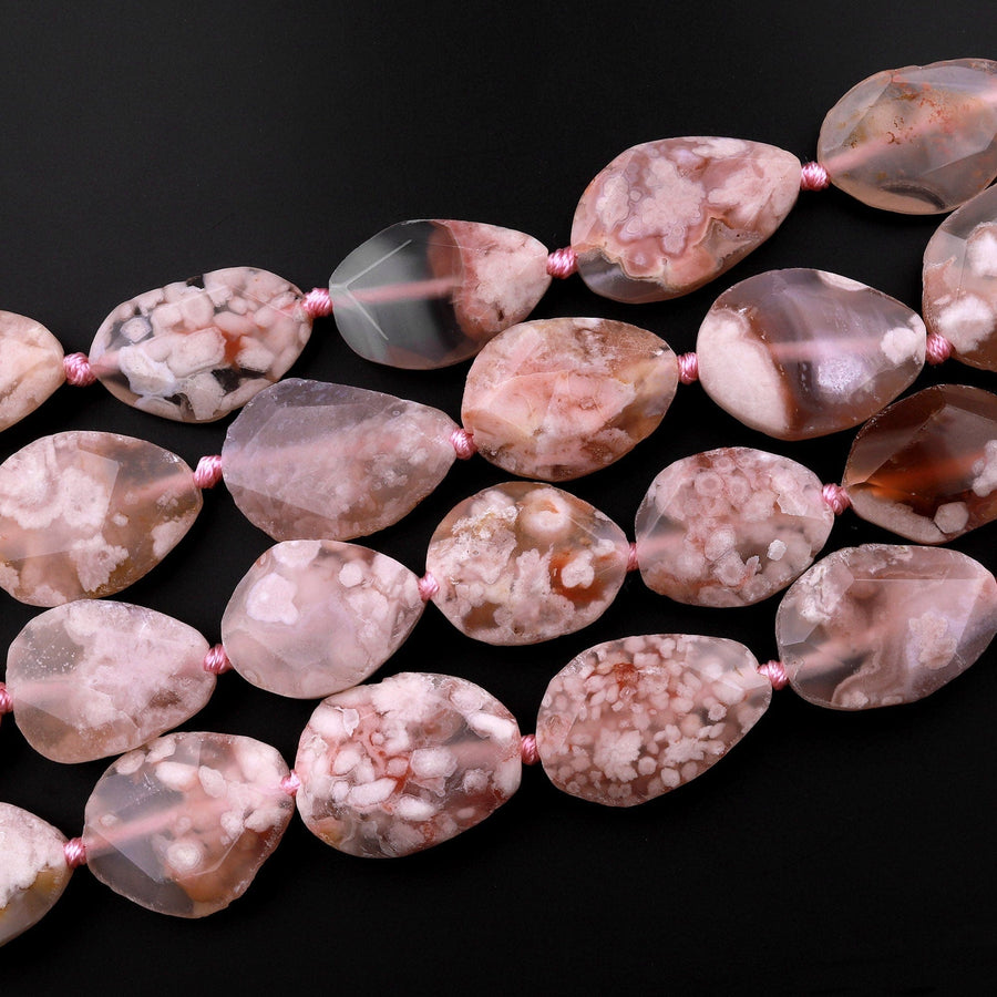 Natural Cherry Blossom Flower Agate Faceted Freeform Oval Beads 15.5" Strand