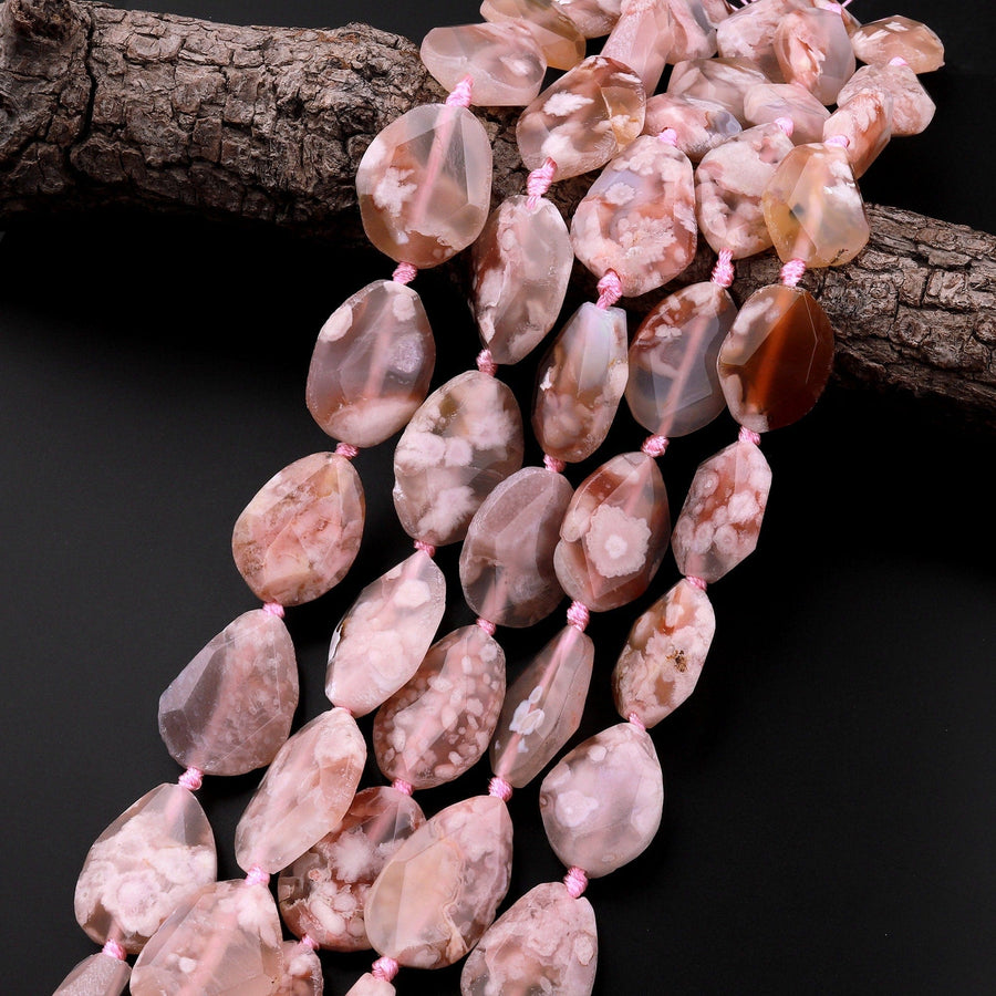 Natural Cherry Blossom Flower Agate Faceted Freeform Oval Beads 15.5" Strand