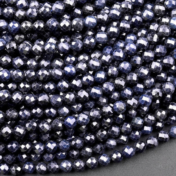 Natural Burma Blue Sapphire Faceted 4mm Round Beads Smoky Midnight Blue Gemstone 15.5" Strand