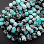 Large Natural Blue Amazonite Smoky Quartz Center Drilled Rectangle Nugget Beads 15.5" Strand