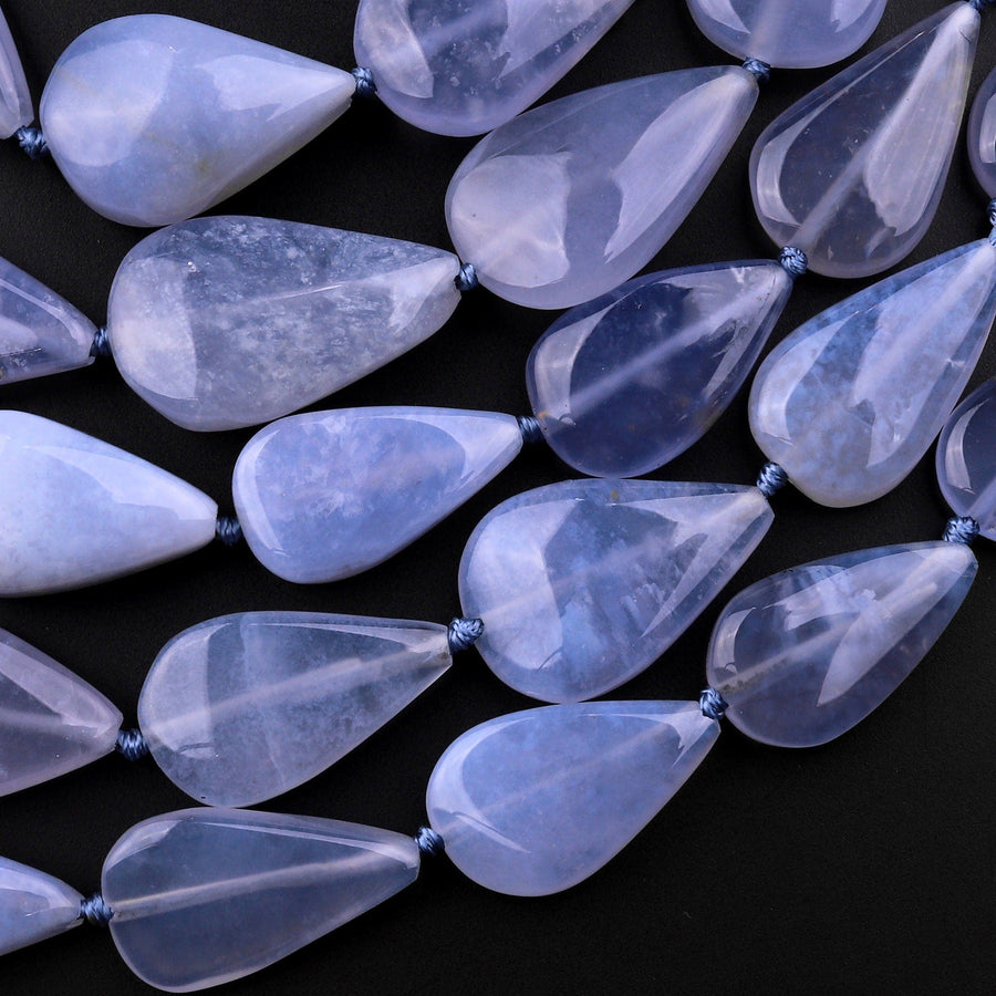 AAA Natural Blue Chalcedony Smooth Teardrop Beads Vertically Drilled Gemstone 15.5" Strand
