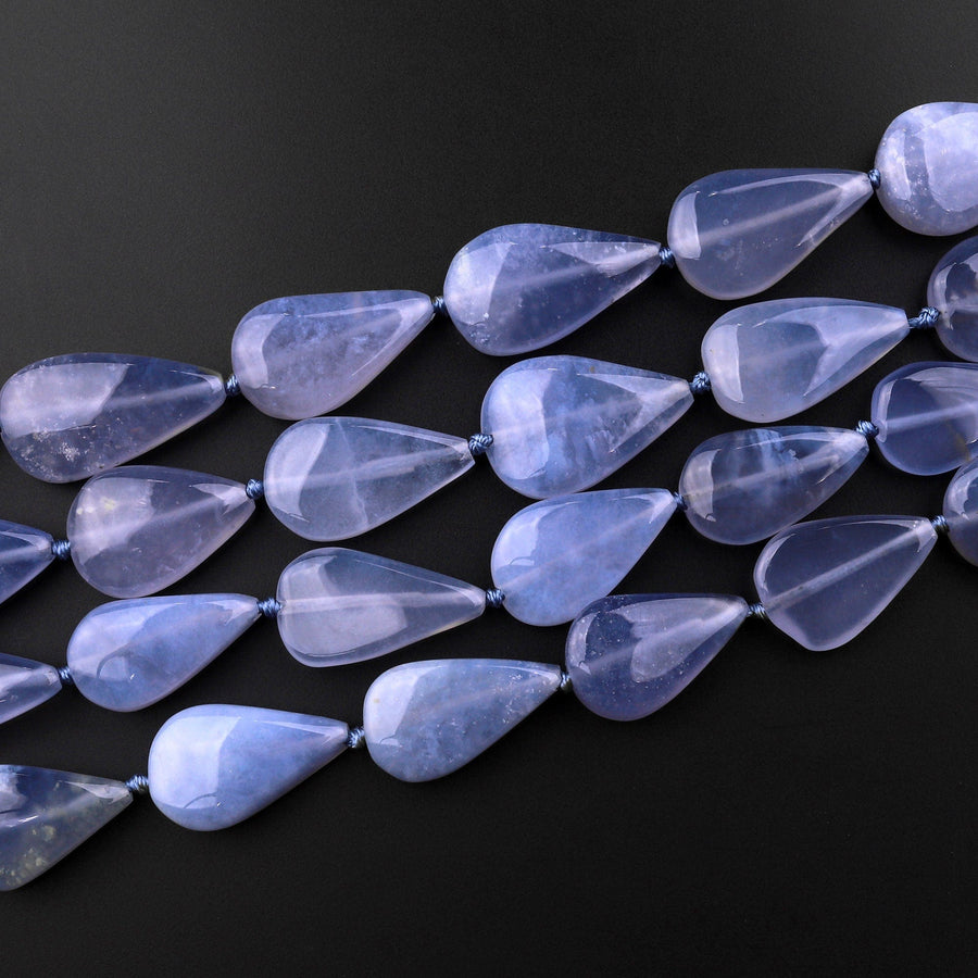 AAA Natural Blue Chalcedony Smooth Teardrop Beads Vertically Drilled Gemstone 15.5" Strand