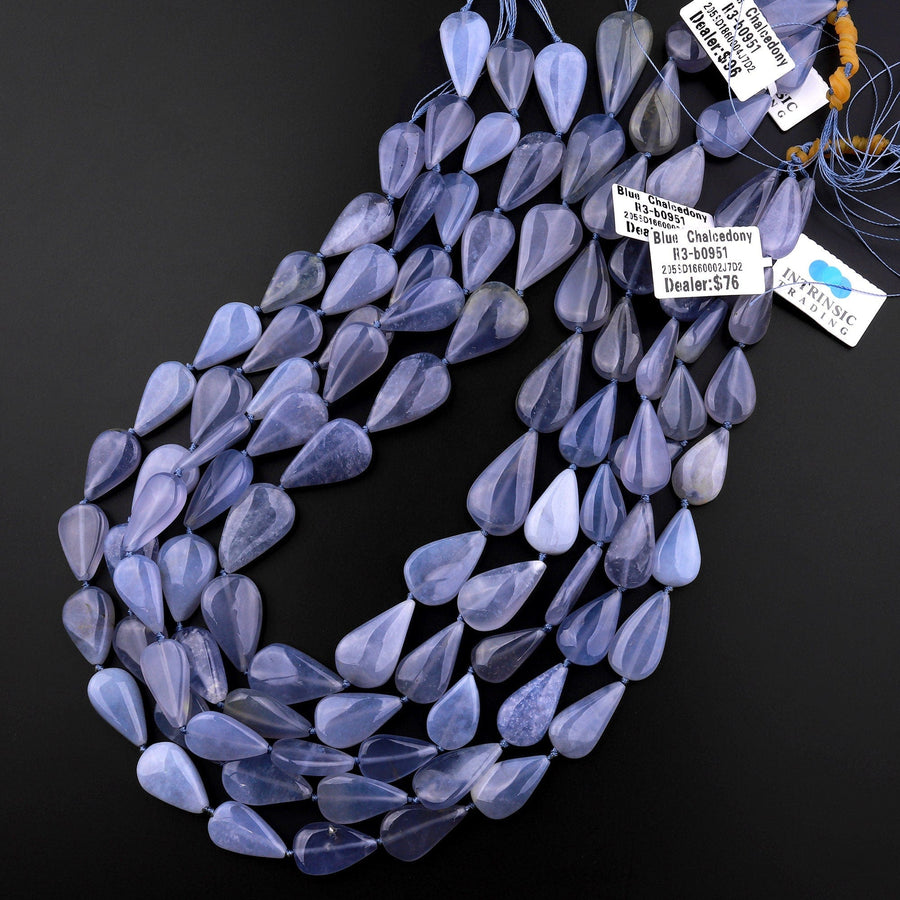 AAA Natural Blue Chalcedony Smooth Teardrop Beads Vertically Drilled Gemstone 15.5" Strand