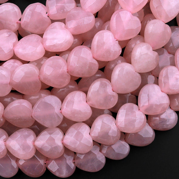 Faceted Natural Pink Rose Quartz Beads Gemstone Heart From Madagascar 15.5" Strand