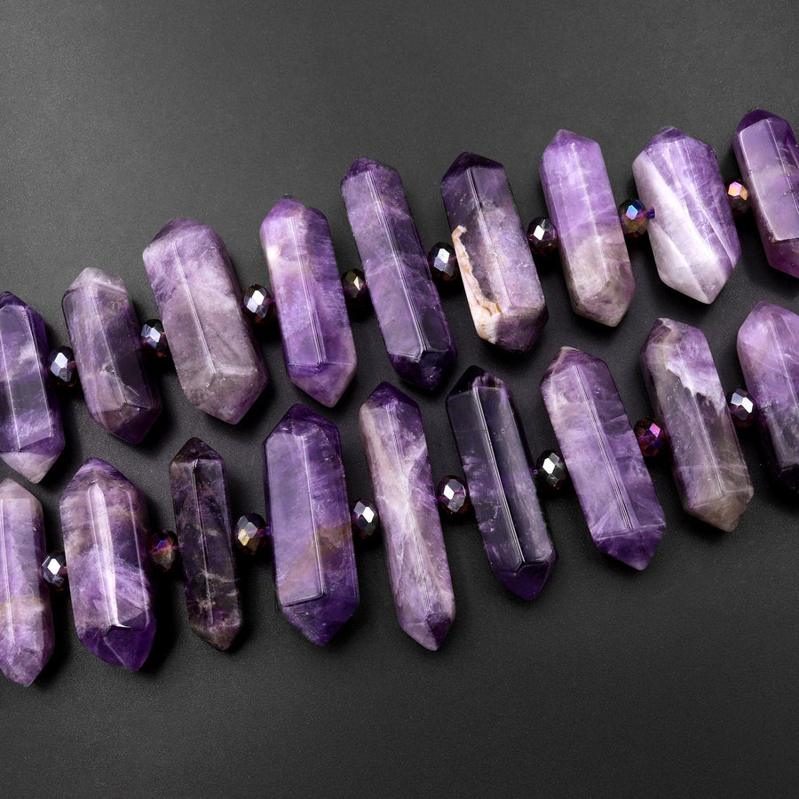 Natural Purple Chevron Amethyst Double Terminated Pointed Beads Center Drilled Healing Crystal Focal Pendant 15" Strand