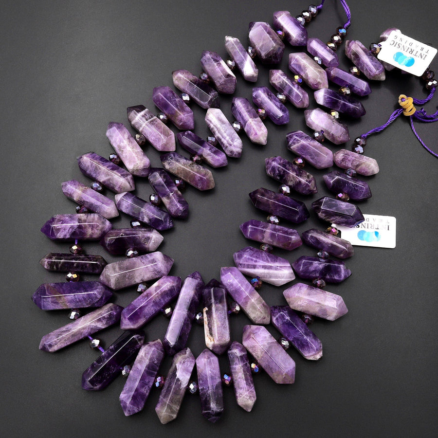 Natural Purple Chevron Amethyst Double Terminated Pointed Beads Center Drilled Healing Crystal Focal Pendant 15" Strand