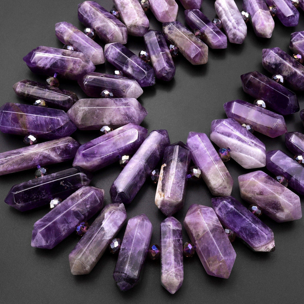 Natural Purple Chevron Amethyst Double Terminated Pointed Beads Center Drilled Healing Crystal Focal Pendant 15" Strand