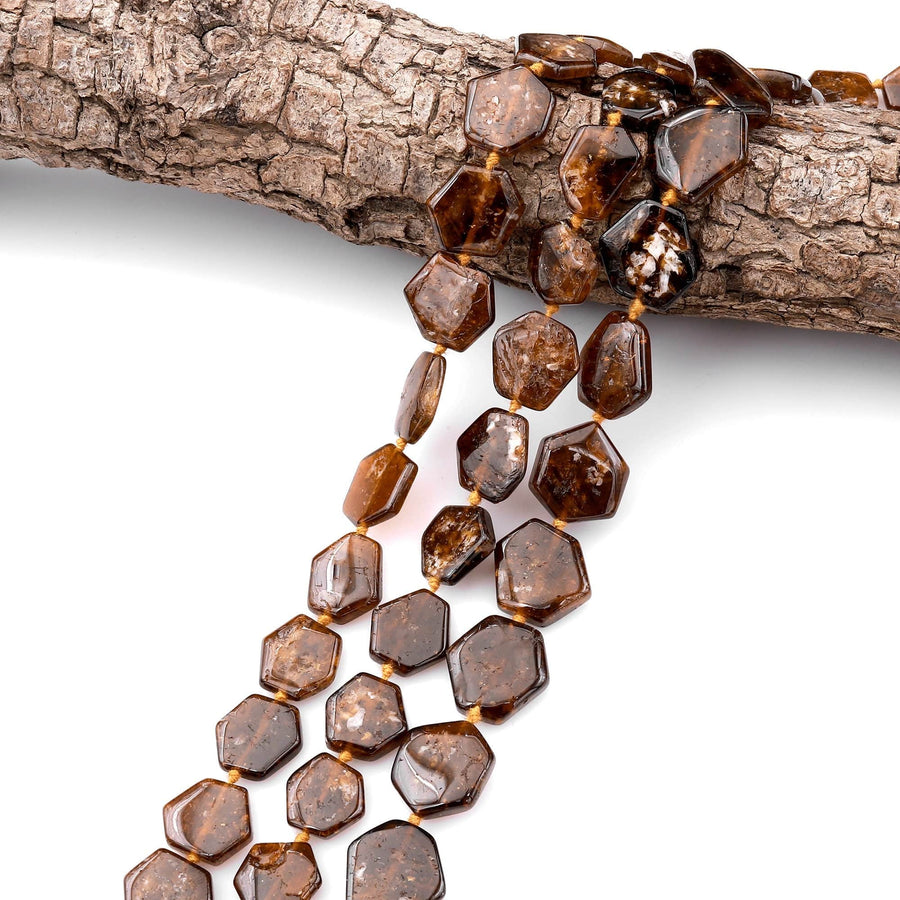 Natural Golden Brown Dravite Tourmaline Hexagon Beads Hand Cut Flat Cushion Slice Gemstone 15.5" Strand