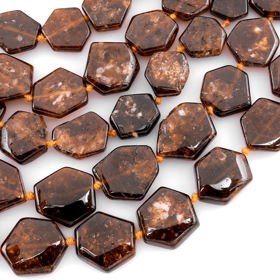 Natural Golden Brown Dravite Tourmaline Hexagon Beads Hand Cut Flat Cushion Slice Gemstone 15.5" Strand