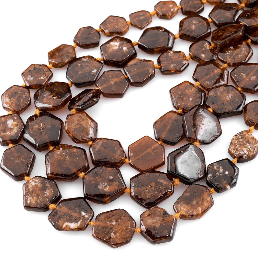 Natural Golden Brown Dravite Tourmaline Hexagon Beads Hand Cut Flat Cushion Slice Gemstone 15.5" Strand
