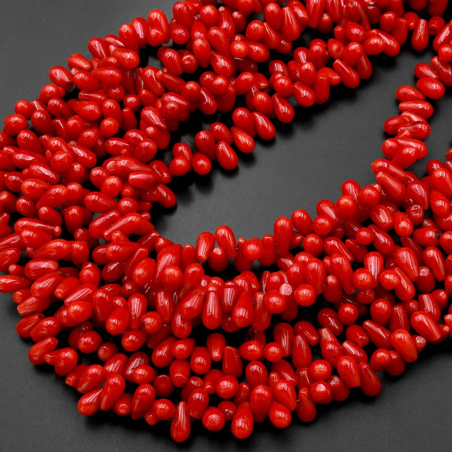 Genuine Red Bamboo Coral Smooth Small Teardrop Briolette Beads Side Drilled 15.5" Strand