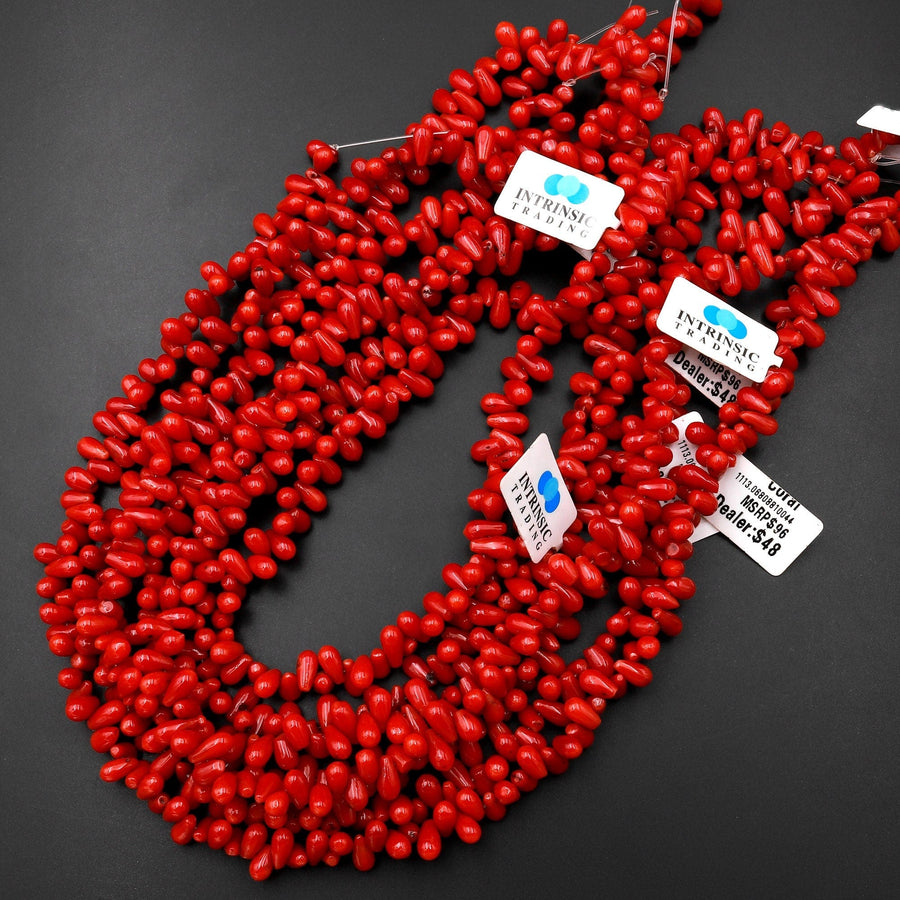 Genuine Red Bamboo Coral Smooth Small Teardrop Briolette Beads Side Drilled 15.5" Strand