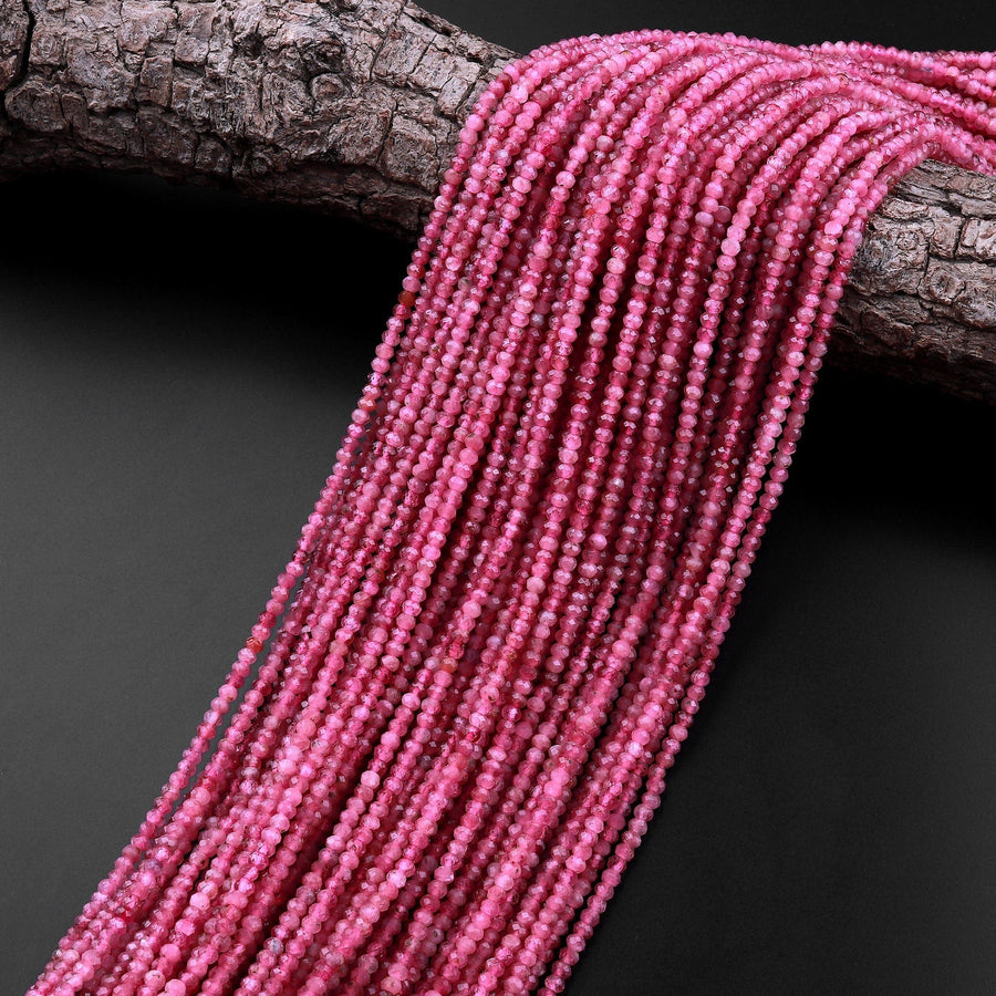 AAA Faceted Natural Pink Tourmaline Rondelle 3mm Beads Micro Laser Diamond Cut Gemstone 15.5" Strand