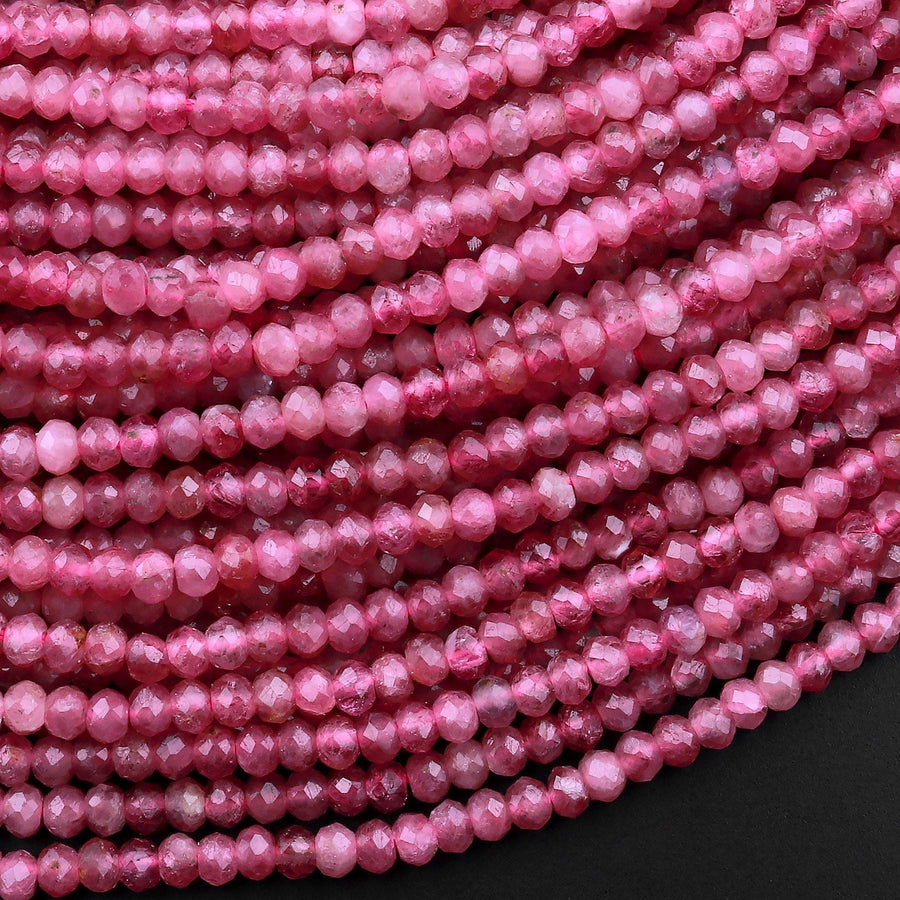 AAA Faceted Natural Pink Tourmaline Rondelle 3mm Beads Micro Laser Diamond Cut Gemstone 15.5" Strand