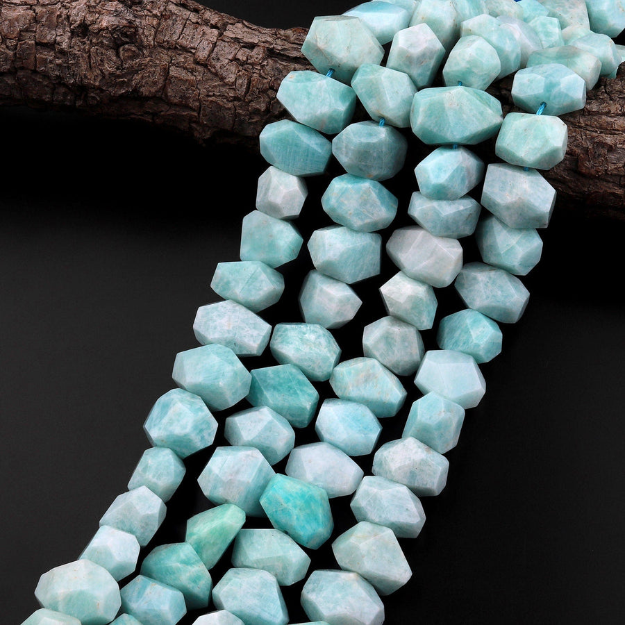 Peruvian Amazonite Beads Faceted Pastel Pale Sea Blue Gemstone Center Drilled Rectangle Nuggets 15.5" Strand