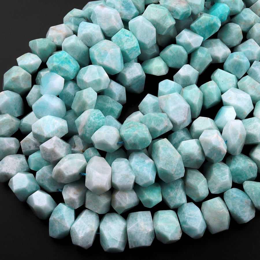 Peruvian Amazonite Beads Faceted Pastel Pale Sea Blue Gemstone Center Drilled Rectangle Nuggets 15.5" Strand