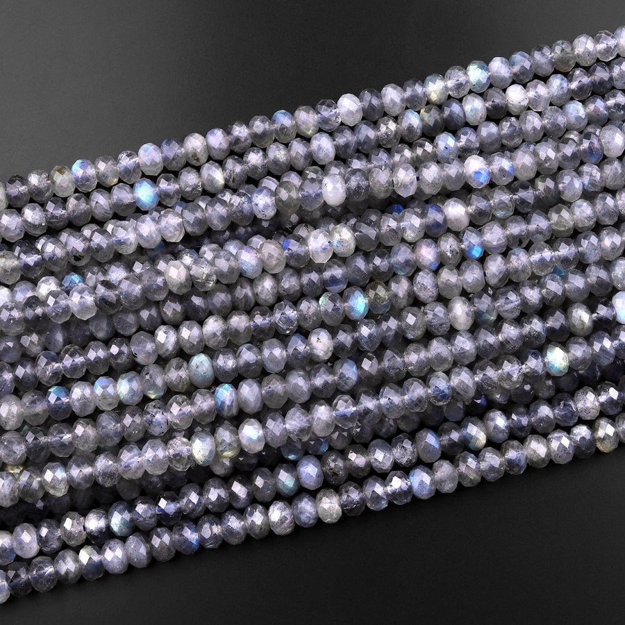 Faceted Labradorite Rondelle Beads 4mm 6mm Brilliant Rainbow Blue Flashes Fire 15.5" Strand