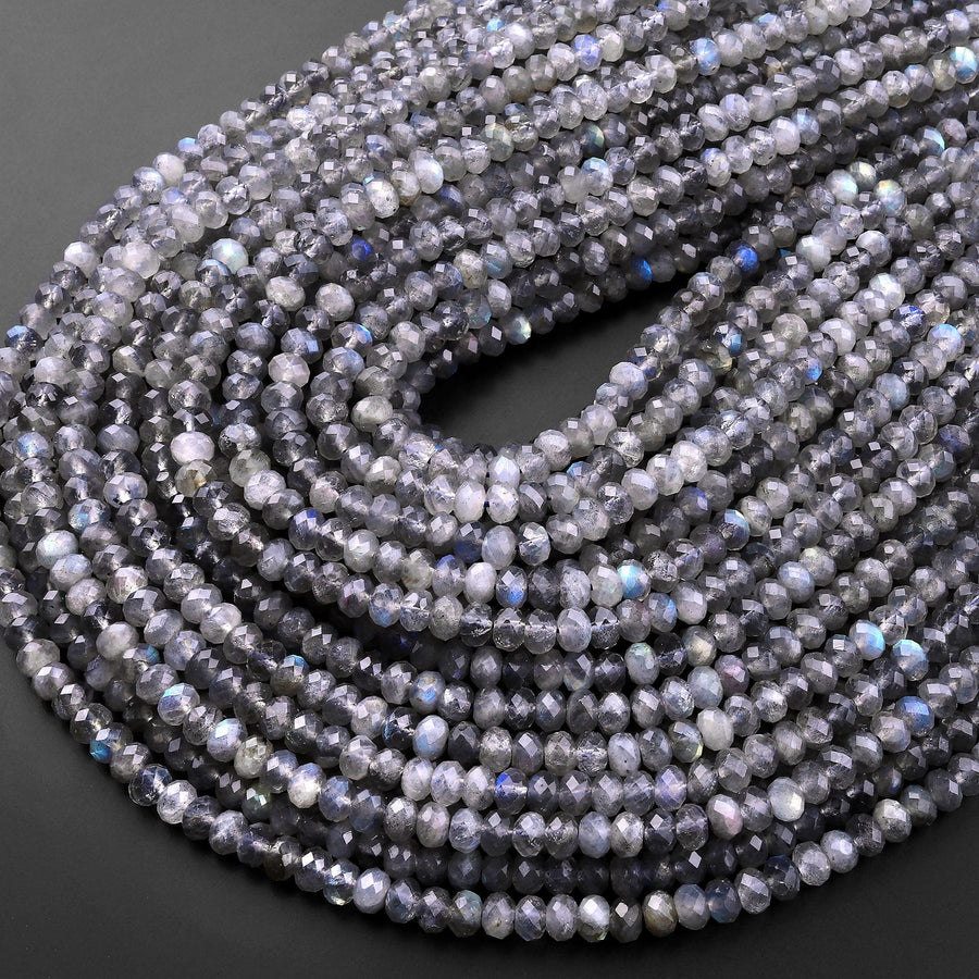 Faceted Labradorite Rondelle Beads 4mm 6mm Brilliant Rainbow Blue Flashes Fire 15.5" Strand