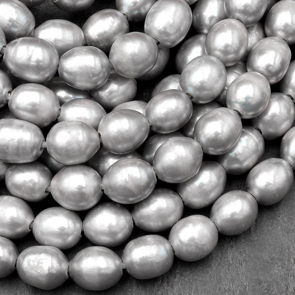Large Hole Pearls Beads Genuine Freshwater Silver Gray Potato Oval Pearl 12mm 14mm 8" Strand