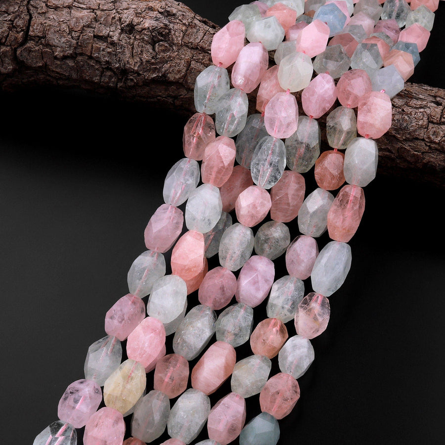 AAA Faceted Natural Sea Green Aquamarine Pink Morganite Faceted Nuggets Beads 15.5" Strand