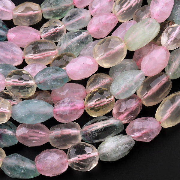 Faceted Natural Pink Rose Quartz Golden Quartz Green Fluorite Nuggets Beads 15.5" Strand