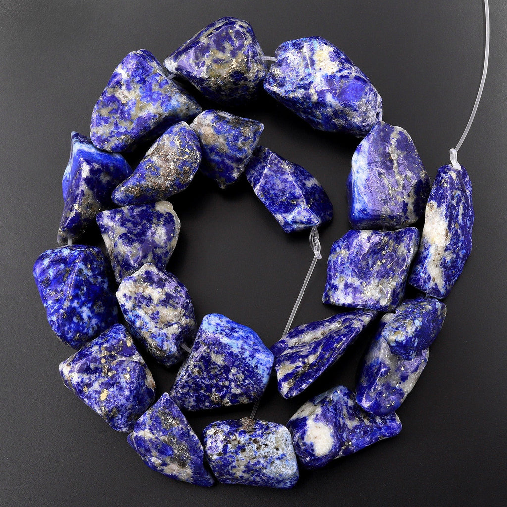Natural Rough Raw Blue Lapis Lazuli Hand Hammered Freeform Irregular Organic Nugget Beads 15.5" Strand