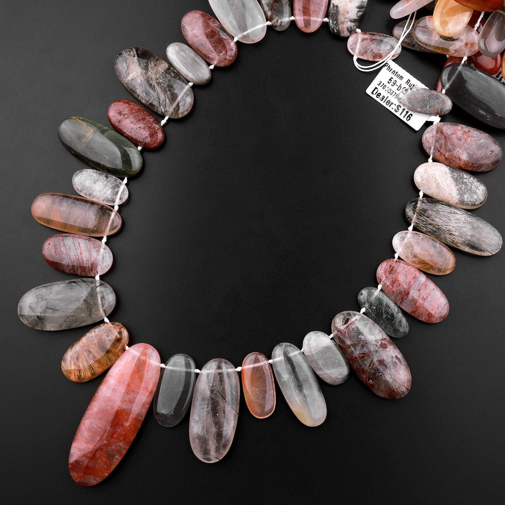 Natural Phantom Rutile Quartz Long Oval Focal Pendant Beads Top Side Drilled Natural Green Red Golden Quartz 15.5" Strand A1