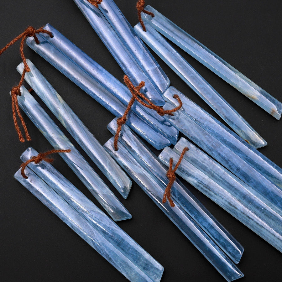 Rare Natural Argentina Lemurian Aquatine Blue Calcite Super Long Linear Spike Earring Pairs Drilled Matched Gemstone Beads