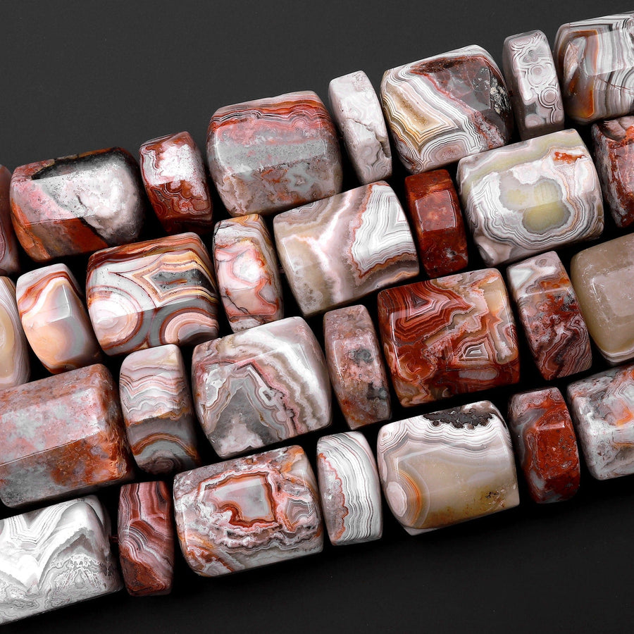 Rare Laguna Lace Agate Beads Large Faceted Cylinder Barrel Drum Tube Nuggets 15.5" Strand