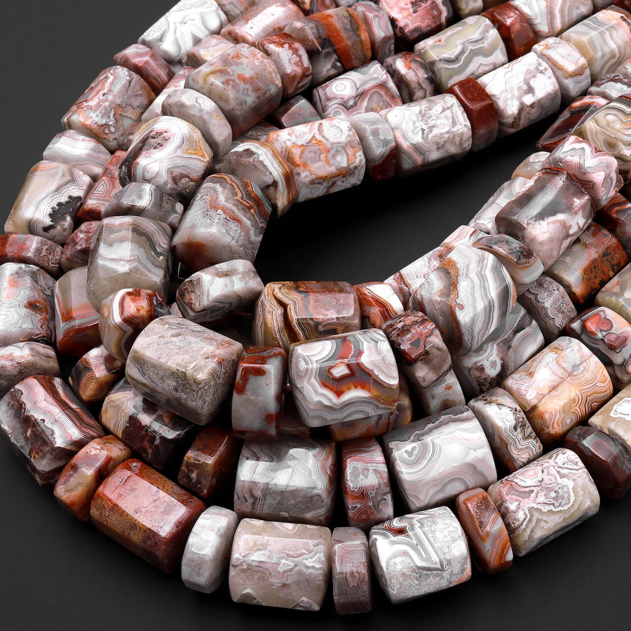 Rare Laguna Lace Agate Beads Large Faceted Cylinder Barrel Drum Tube Nuggets 15.5" Strand