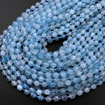 AAA Natural Translucent Blue Aquamarine 6mm Beads Faceted Energy Prism Double Terminated Point Cut 15.5" Strand