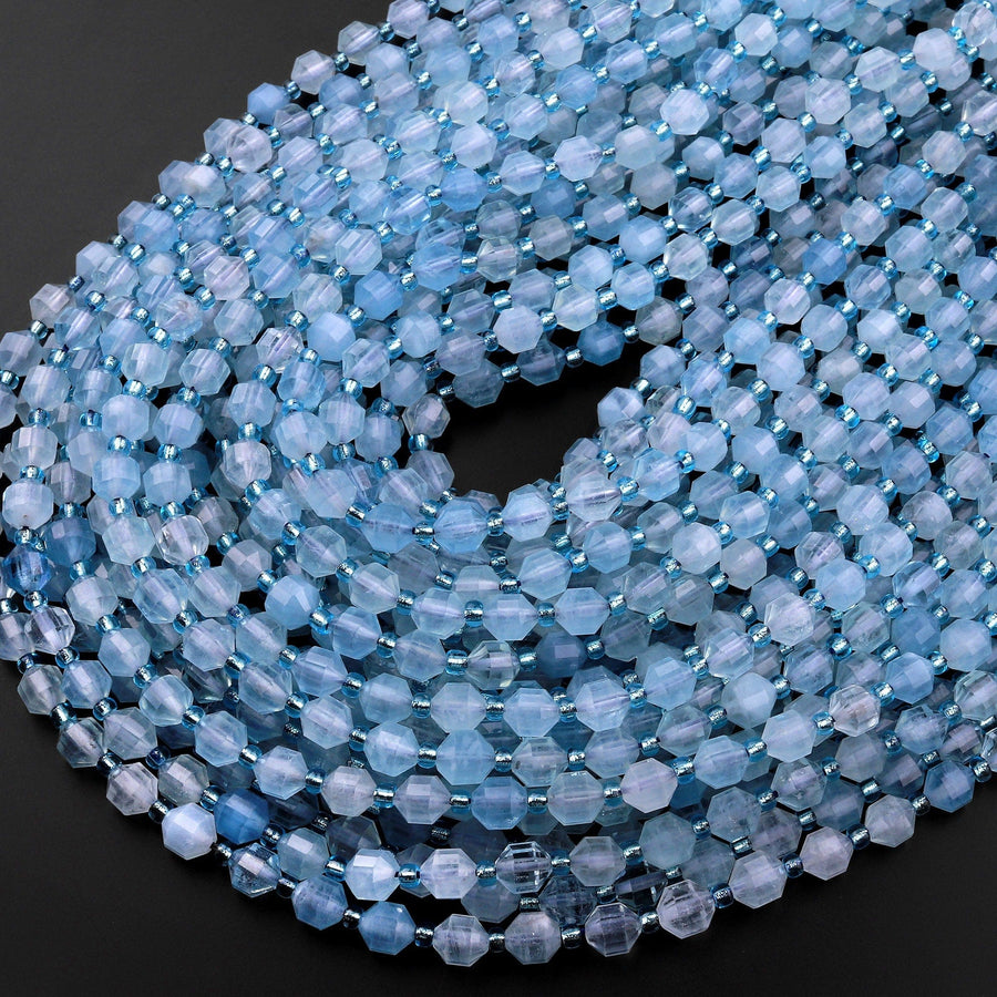 AAA Natural Translucent Blue Aquamarine 6mm Beads Faceted Energy Prism Double Terminated Point Cut 15.5" Strand